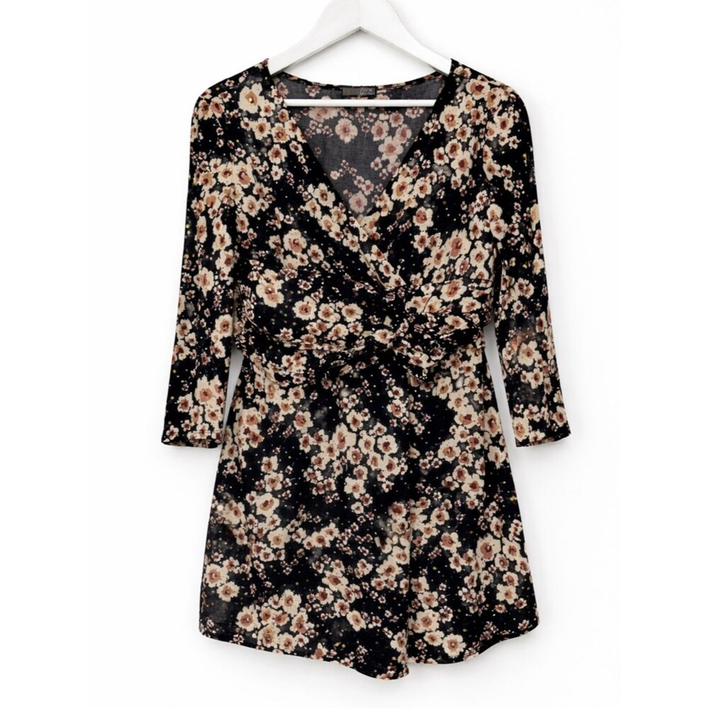 JTB Black Floral Faux Wrap Dress Y2k Style Size XL Mini 3/4 Sleeve Gold